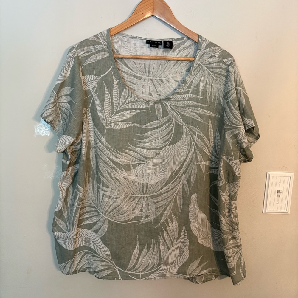 Tahari Green Print Linen Blouse, Sz 1X